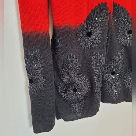 Oscar De La Renta Cardigan Sweater Set Cashmere Silk Red Black Floral Sequin - Picture 8 of 13